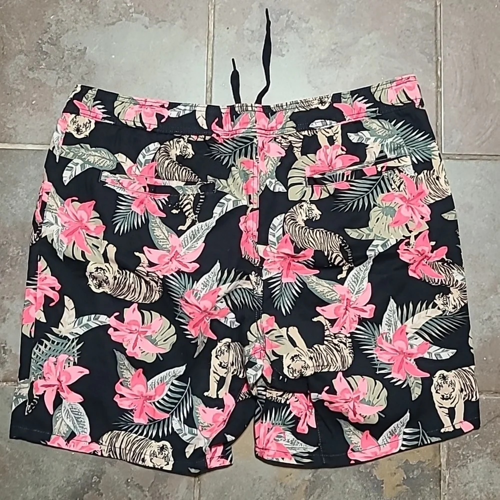 Floral Tiger Print Shorts Mens XL 40-42 Swim Trunks Drawstring‎